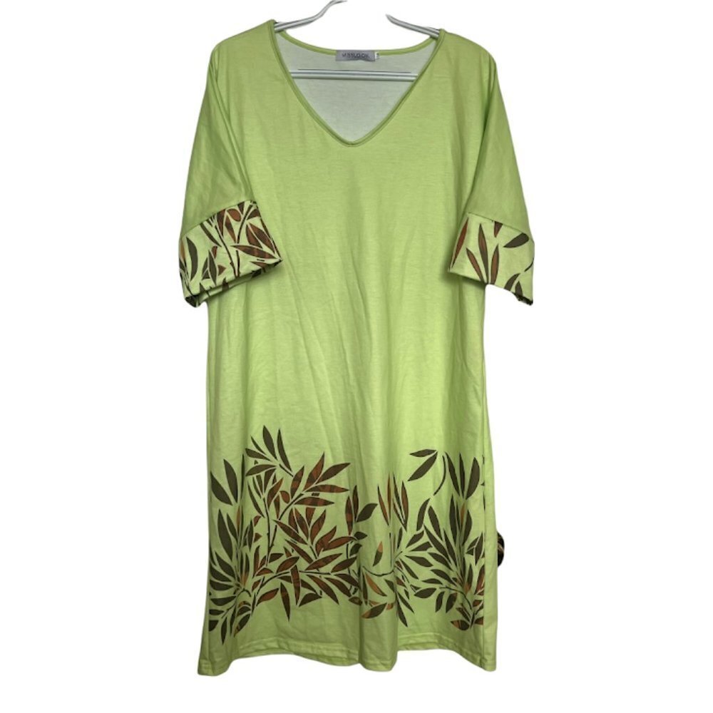 Misslook Women’s Midi Dress Bamboo Printed Boho‎ V-Neck Short Sleeve Size M Lime